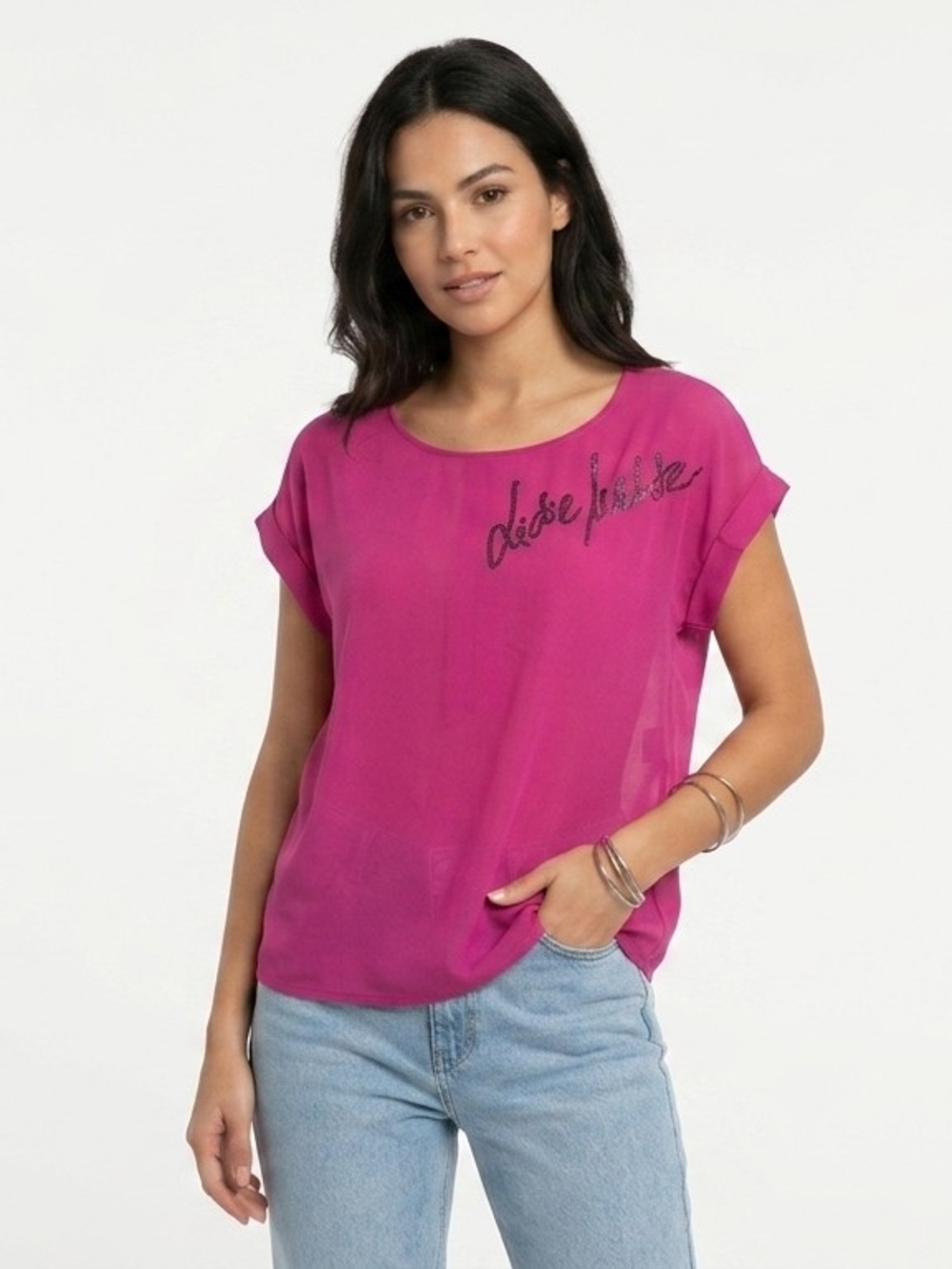 NEW Fuchsia Short Sleeve Top Size M Pink Magenta Sequins Oversized Lightweight